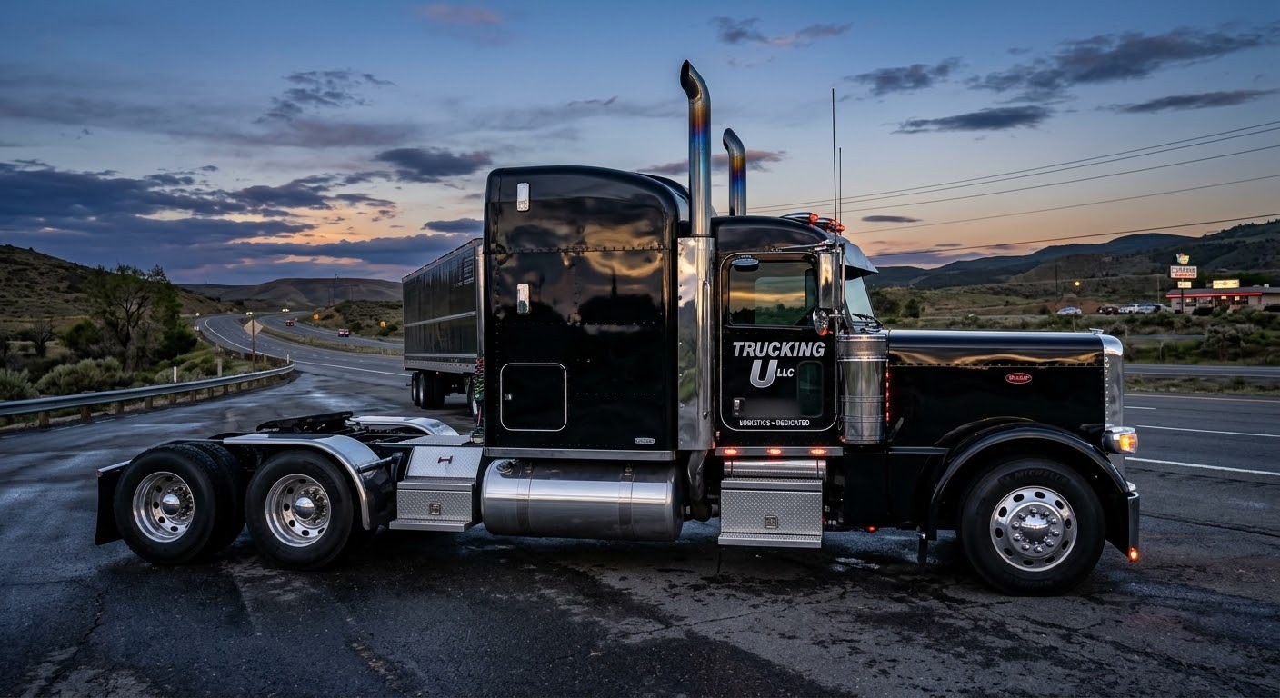 Black Peterbilt truck with Trucking U LLC on the door at dusk